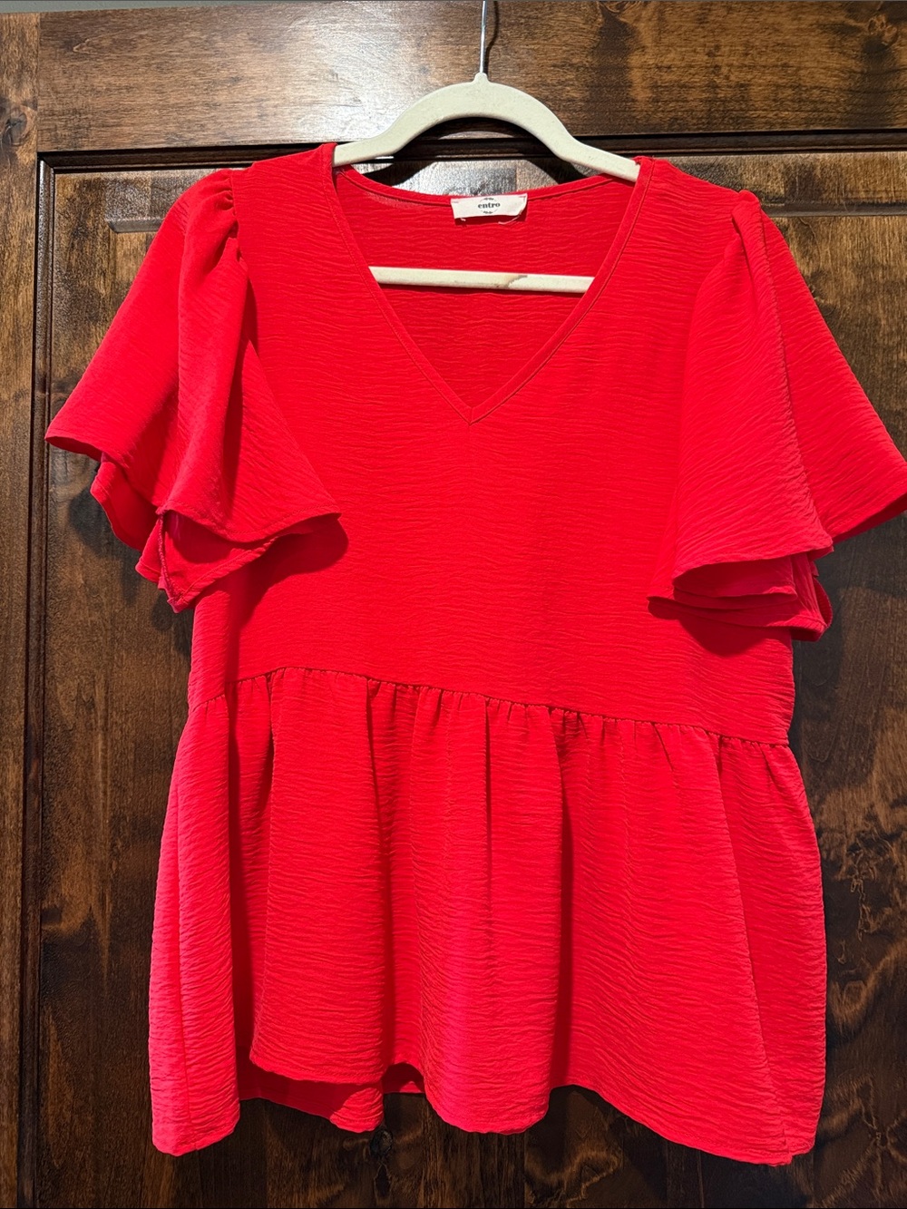 entro Vibrant Red V-Neck Peplum Tunic with Flutter Sleeves